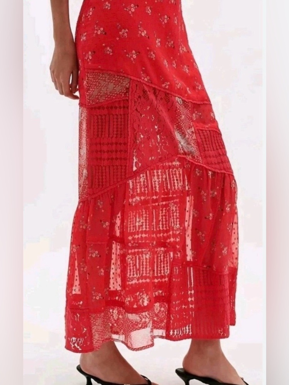 Free People Daniella poppy red floral Tiered Lace Maxi Skirt size small - Picture 3 of 14